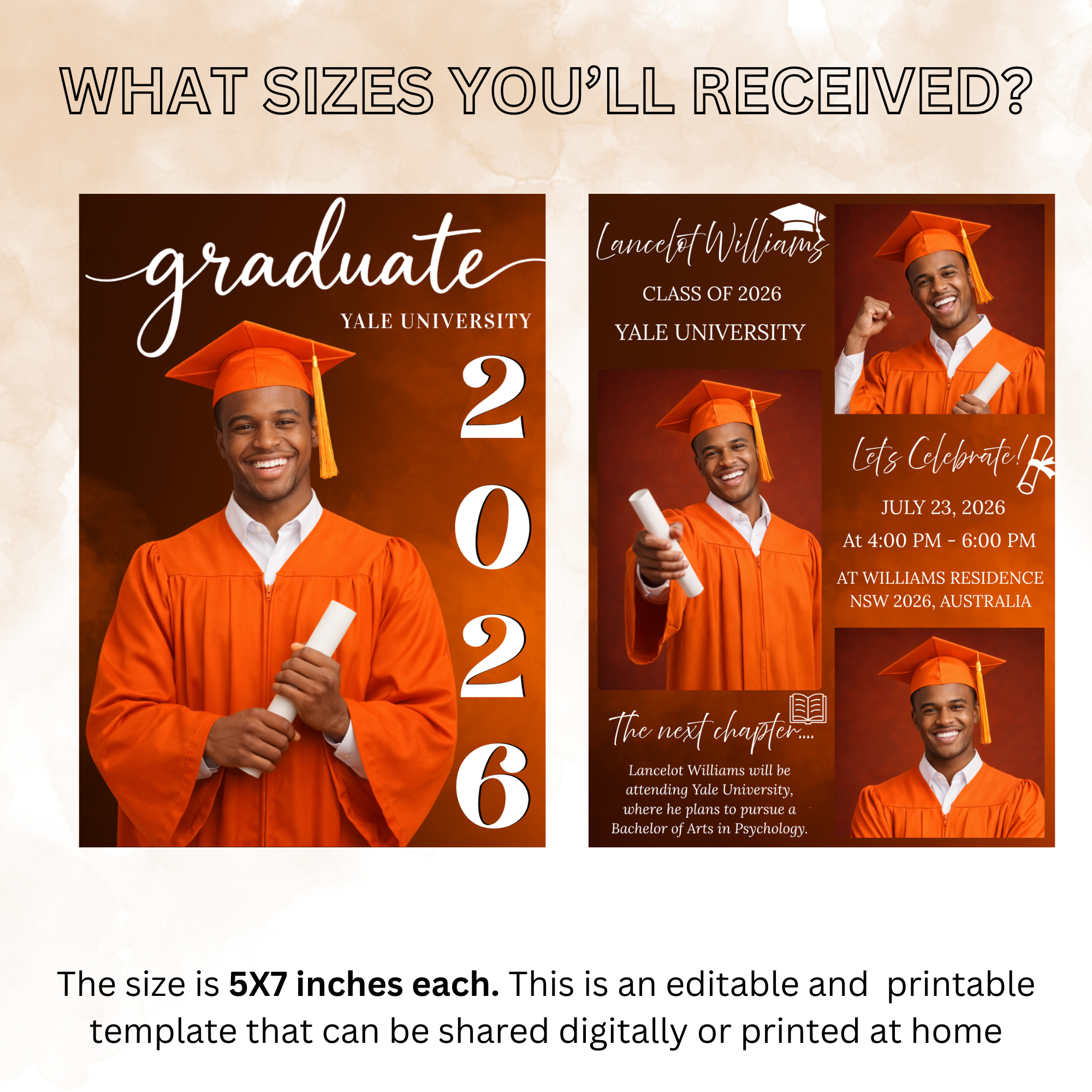 Orange Senior Graduation Invitation, Boy High School Grad with photo invite, Class of 2026, Graduates Flyer Card, Digital Printable Template