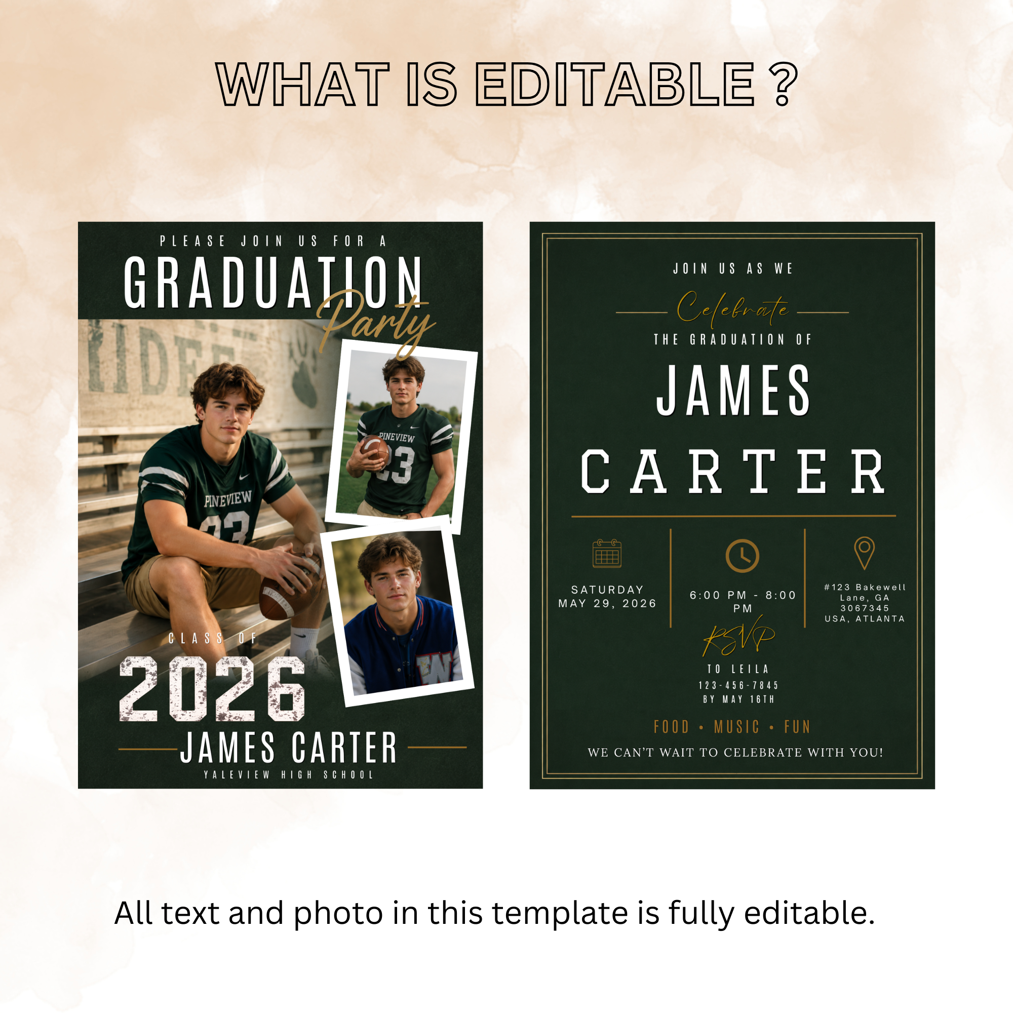 Green Graduation Invitation with Photo for Him, Class of 2026 High School College Grad Party Invite, Senior Grad Invite, Printable Template