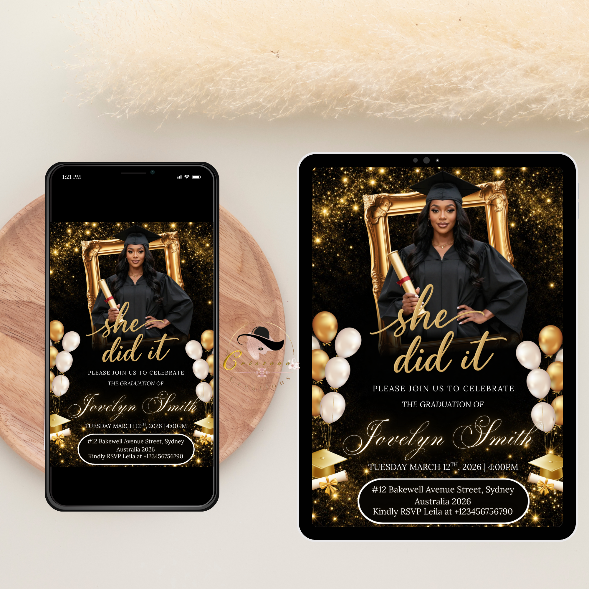 Black Gold Graduation Announcement Invitation, She Did It invite, Senior Grad Party with photo invite, Digital Printable Template