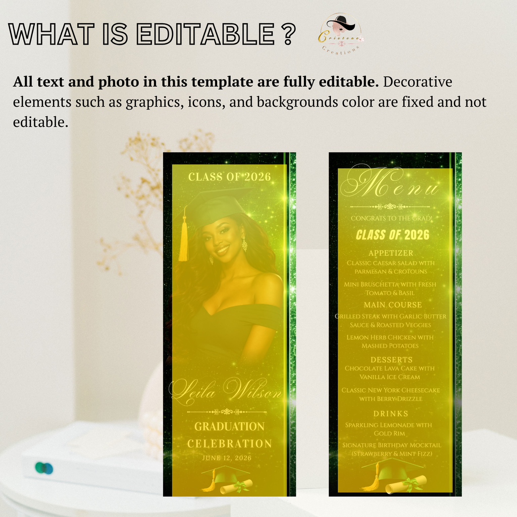Green Graduation Dinner Menu with Photo, Class of 2026 Menu Card, Elegant Grad Brunch Menu Template, Girl Boy Menu, Editable Canva Printable