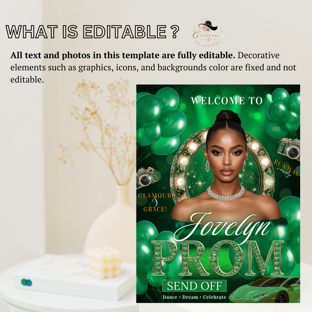 Green Prom Send Off Welcome Party Sign, Prom Queen Poster Sign with photo, Elegant Party Board Sign, Glam Hollywood Theme Printable Template