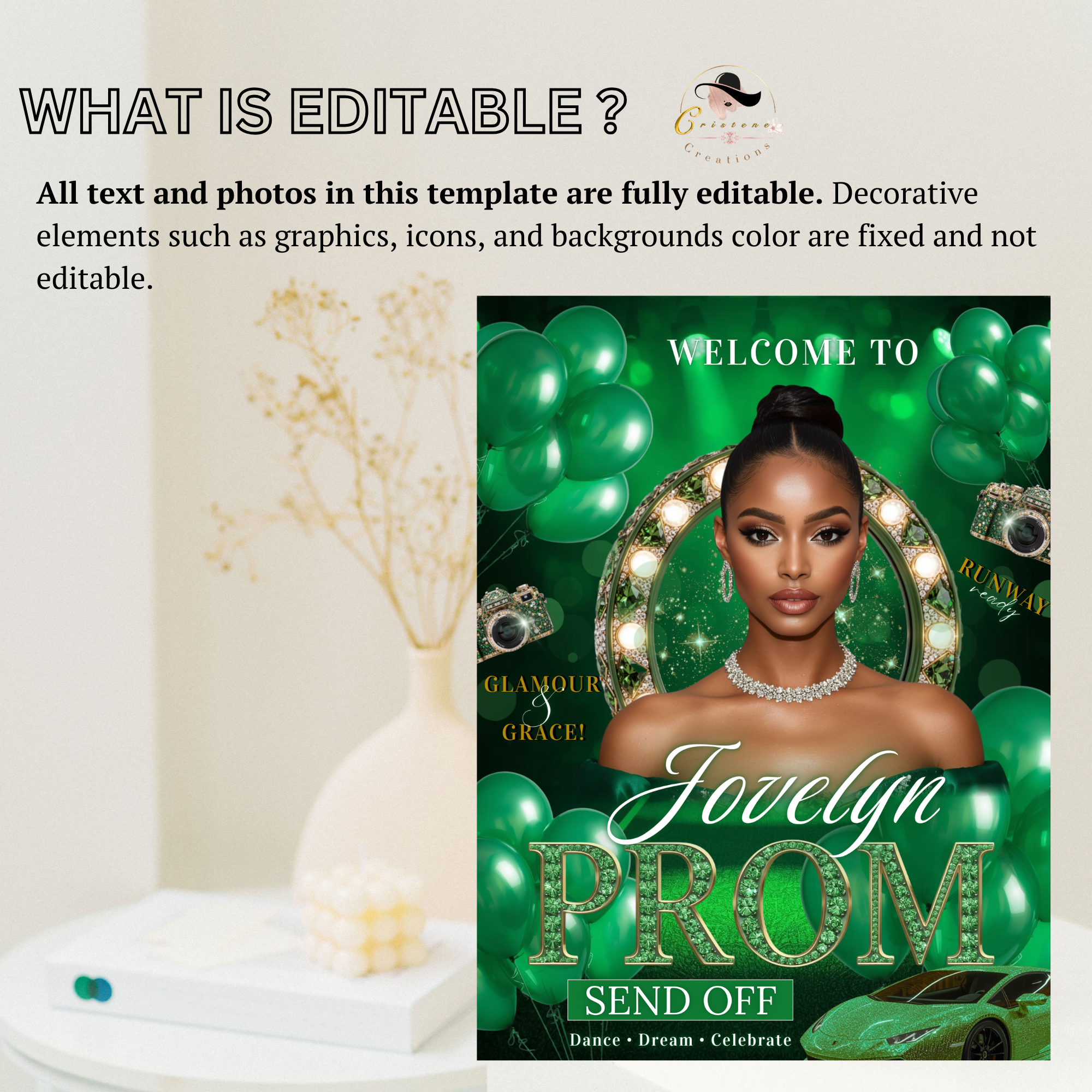 Green Prom Send Off Welcome Party Sign, Prom Queen Poster Sign with photo, Elegant Party Board Sign, Glam Hollywood Theme Printable Template