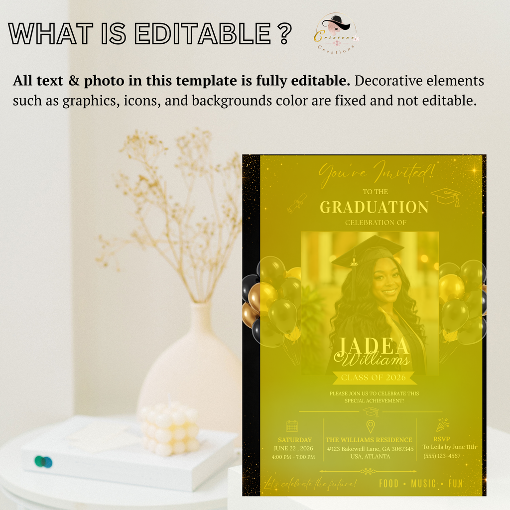 Graduation Invitation with Photo for Him and Her, Class of 2026 High School College Grad Party Invite Black Gold Editable Printable Template