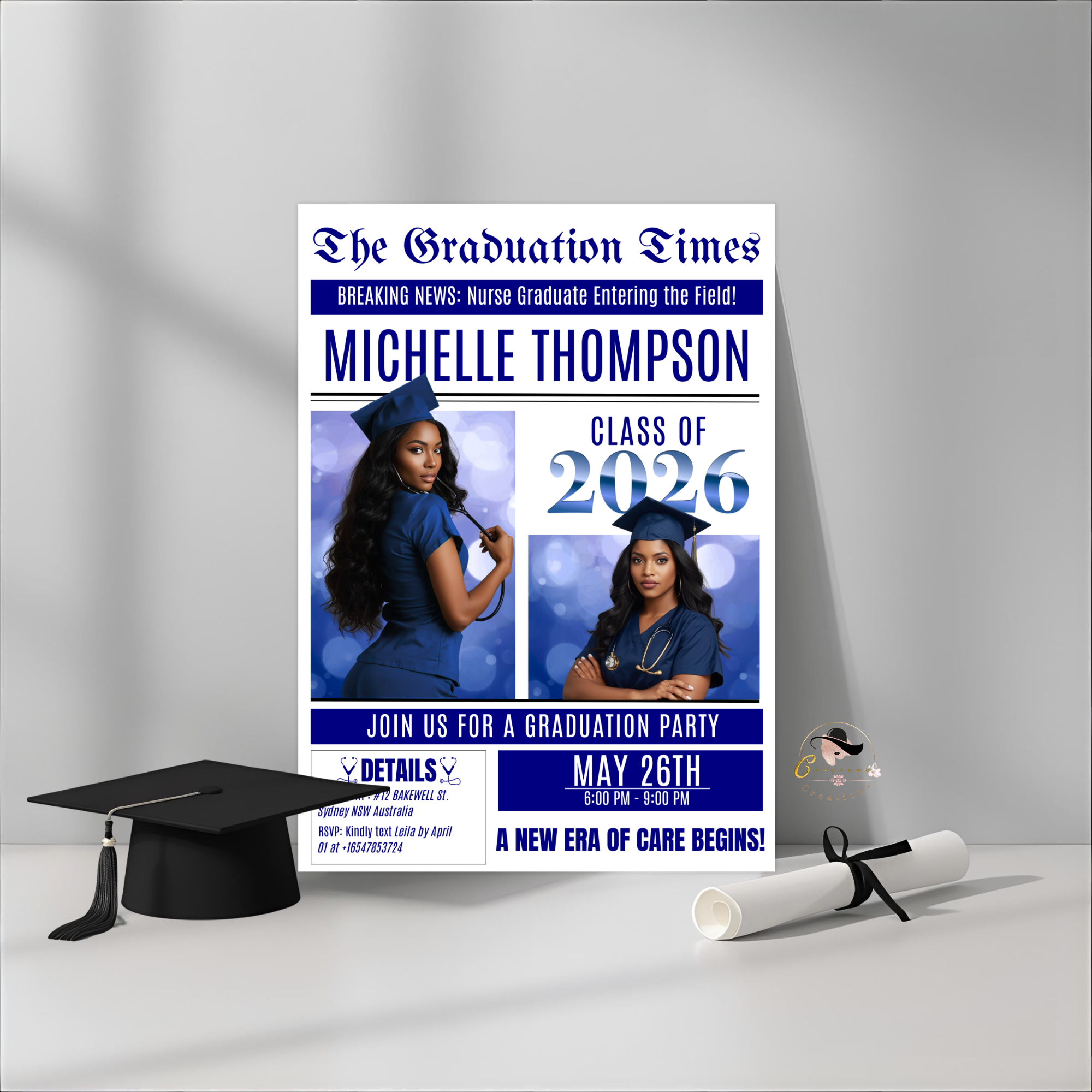 Blue Newspaper Nurse Graduation Invitation, 2026 RN Pinning Ceremony with photo invite, Woman LPN Nursing Graduates, Boy BSN Flyer Template