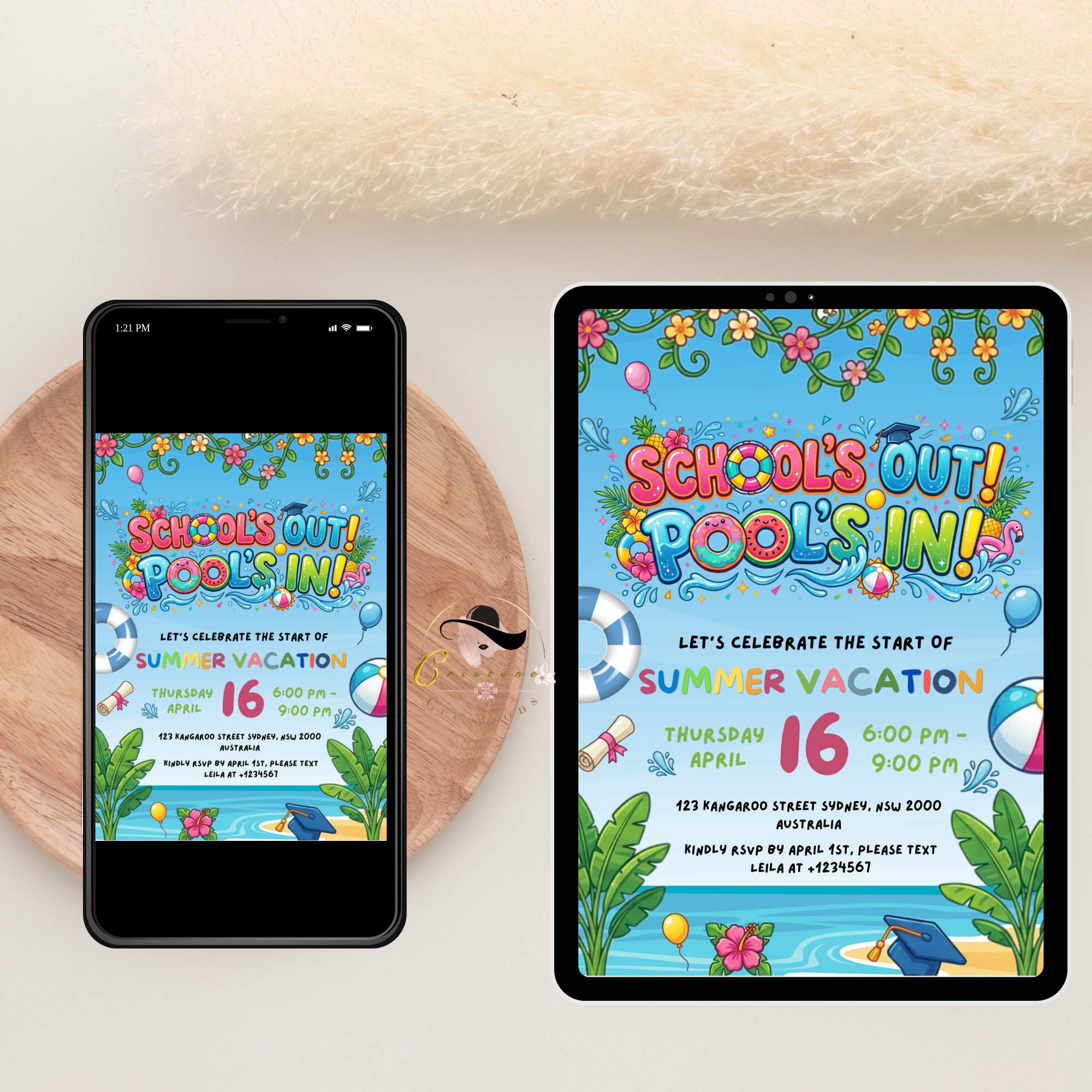 Graduation Pool Party Invitation, Kids Summer Beach Grad Invite, Hello Pool Goodbye School, Boy Girl Printable Editable Canva Template