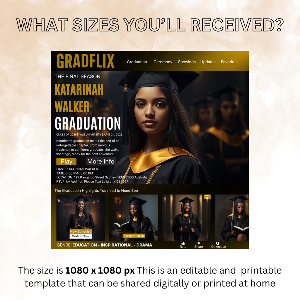Graduation Invitation Movie Theme with Photo, Black Gold Cinematic Streaming Grad Party, Class of 2026 Flyer Card Invite, Printable Template