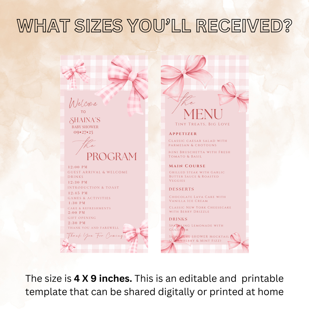 Baby Shower Menu and Program Template, Pink Bow Coquette Baby Girl Shower Itinerary Card, Baby Party Menu, Editable Canva Printable