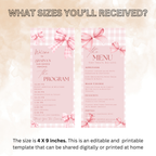 Baby Shower Menu and Program Template, Pink Bow Coquette Baby Girl Shower Itinerary Card, Baby Party Menu, Editable Canva Printable