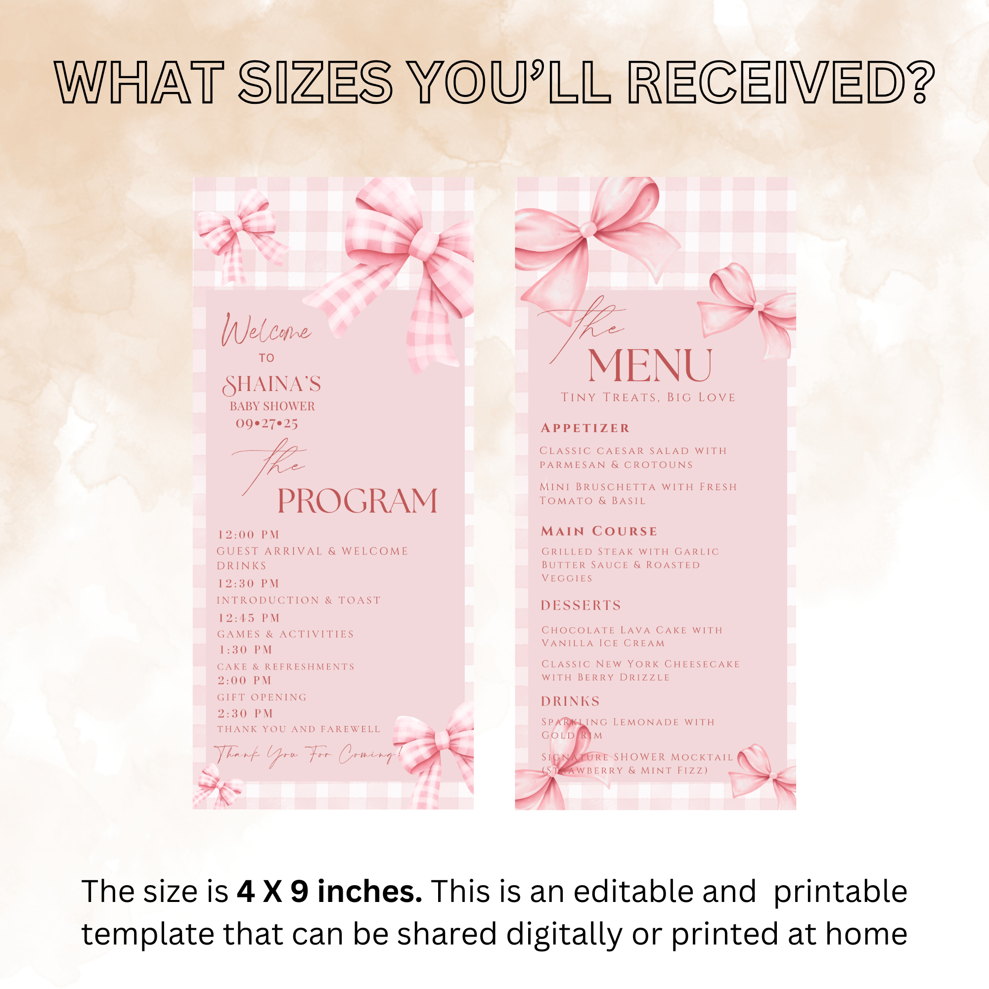 Baby Shower Menu and Program Template, Pink Bow Coquette Baby Girl Shower Itinerary Card, Baby Party Menu, Editable Canva Printable
