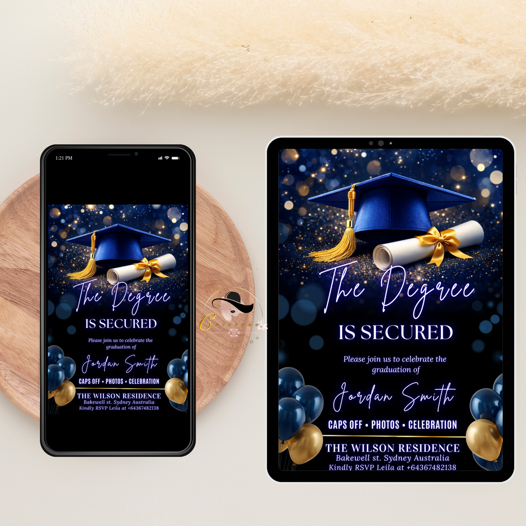 Graduation Announcement Invitation, Senior Grad Party invite, Class of 2026, Boy Girl Flyer Card, Blue Gold Digital Printable Template