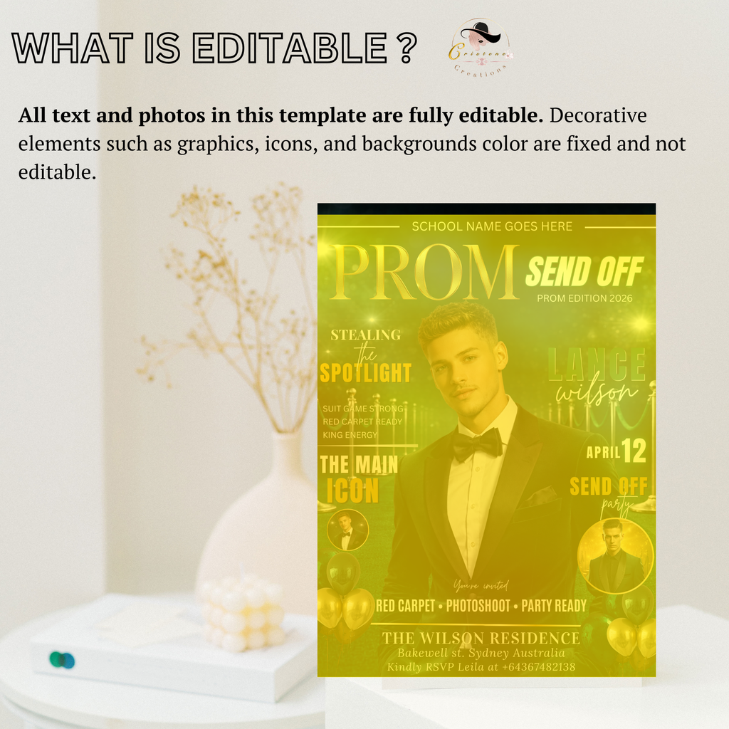 Boy Prom Send Off Party Invitation, Prom King with photo invite, Green Prom Night Flyer Card, High School Prom Digital Printable Template
