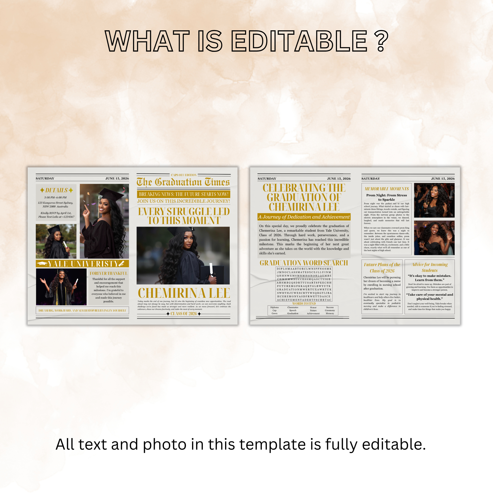 Graduation Announcement Newspaper Template with Photo, Class of 2026 for Boys and Girls, Senior Grad Invite, Gold Editable Printable Canva