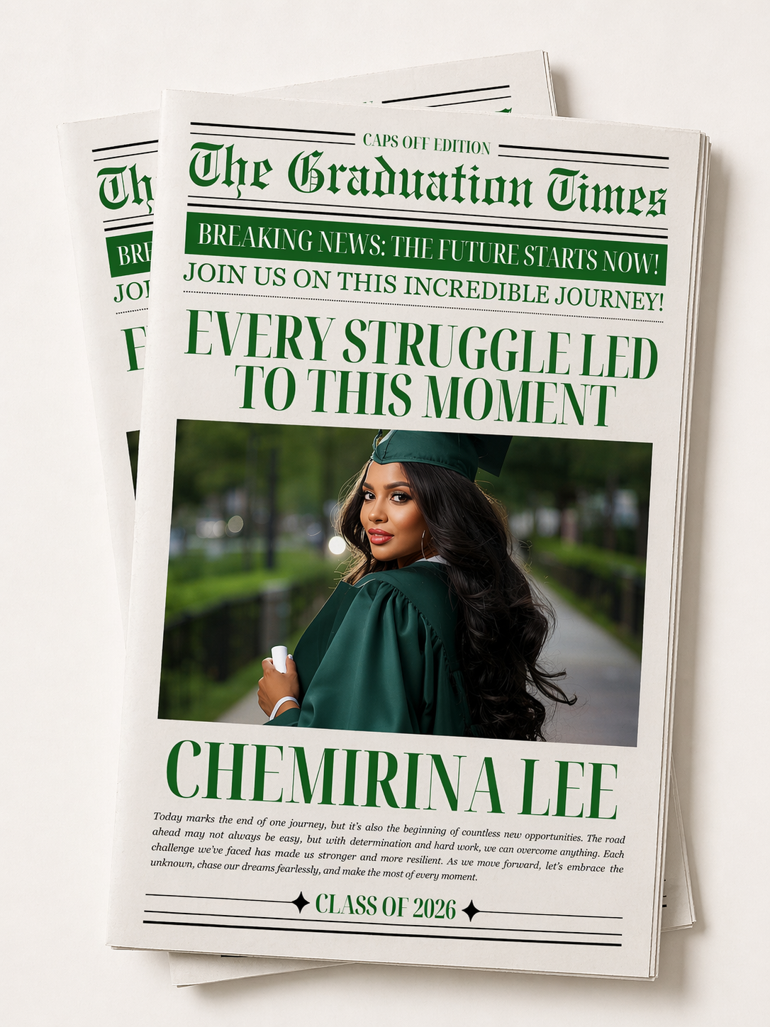 Class of 2026 Graduation Newspaper Template with Photo, Green Grad Announcement for Boys and Girls, Canva Editable Digital Printable