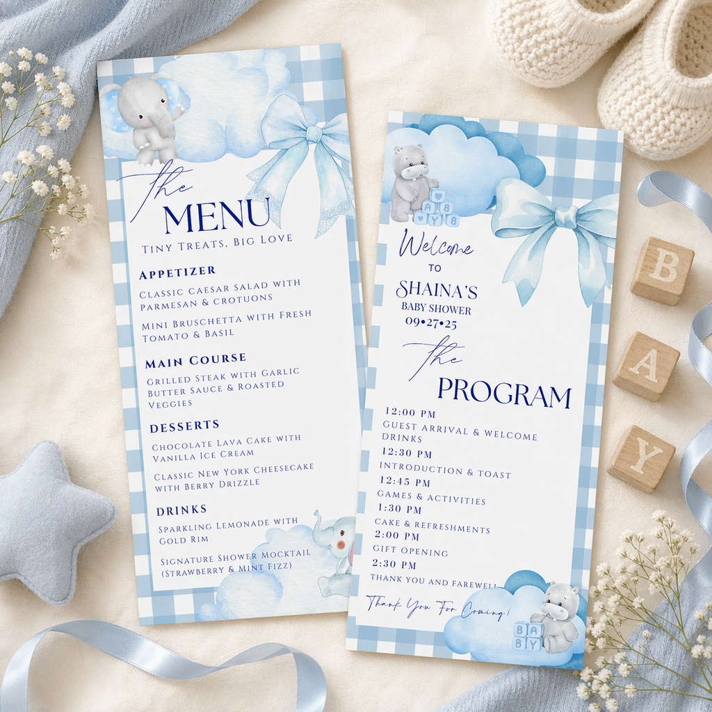 Blue Baby Shower Menu and Program Template, Baby Boy Shower Itinerary Card, Cloud 9 Bear Safari Party theme Editable Canva Digital Printable