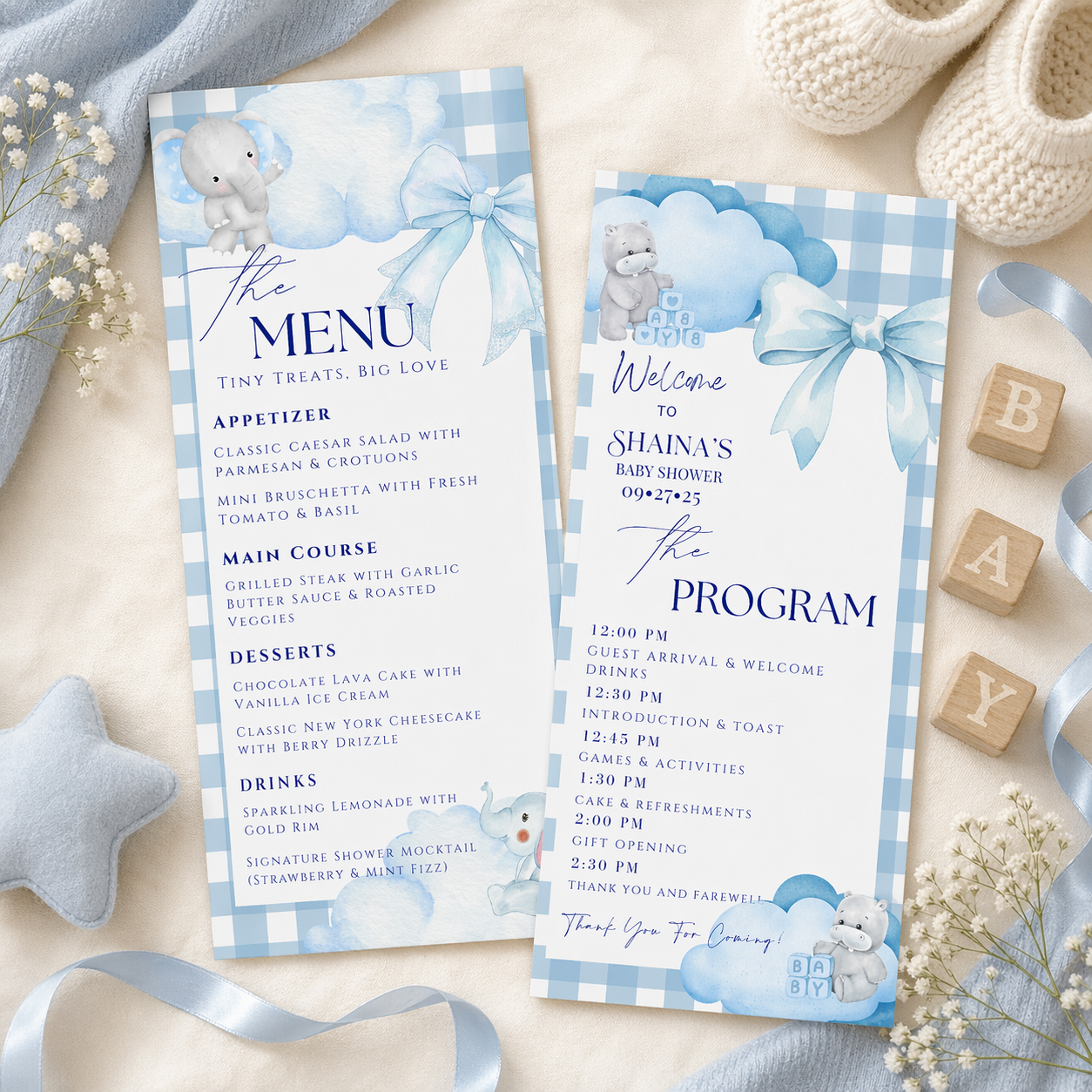 Blue Baby Shower Menu and Program Template, Baby Boy Shower Itinerary Card, Cloud 9 Bear Safari Party theme Editable Canva Digital Printable