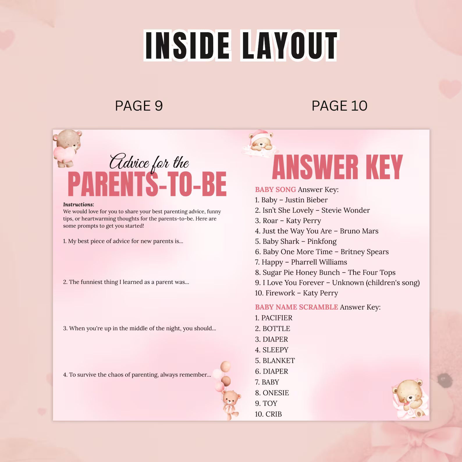 Pink Baby Shower Activity Booklet, Baby Shower Games Bundle Teddy Bear Themed, Magazine Style with photo Printable Party Decor Template