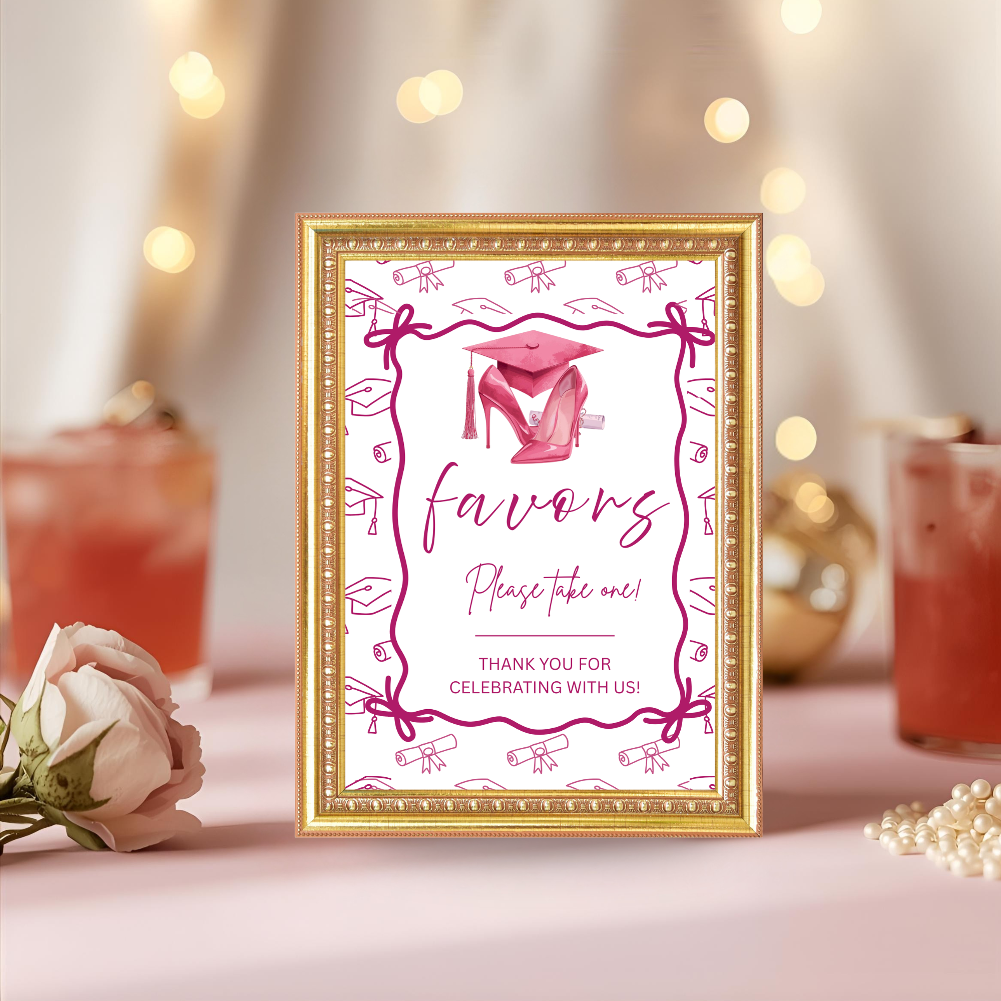 Pink Coquette Graduation Table Signs Bundle, Senior Grad Favor sign, College Fund Sign, Food Sign, Graduates Party Decor Printable Template