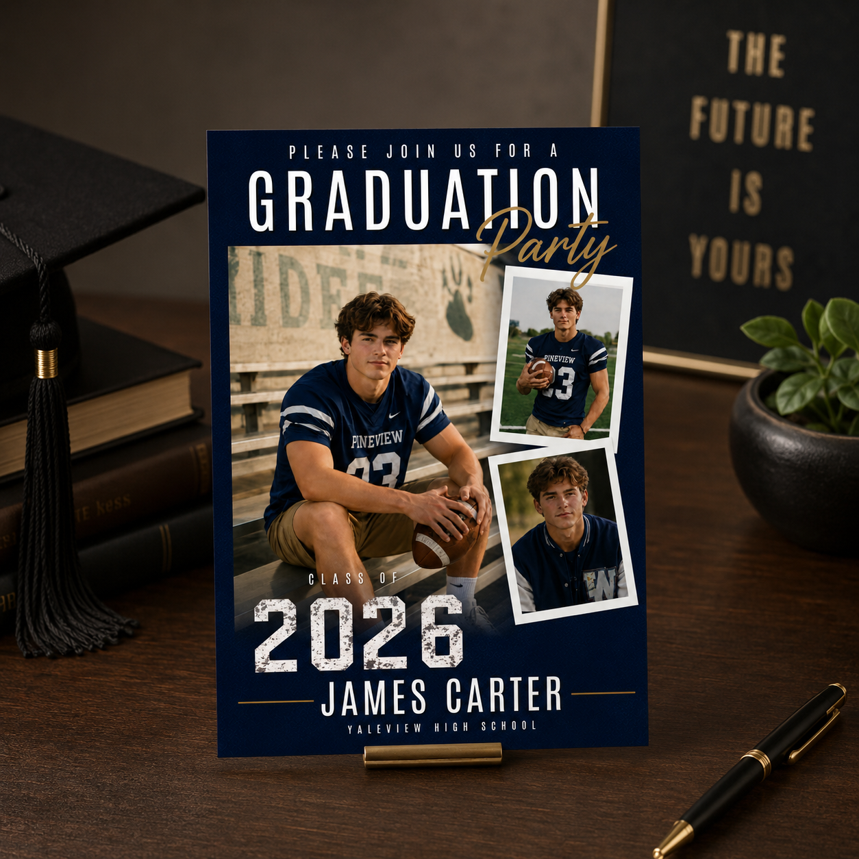 Blue Graduation Announcement Invitation with Photo for Him, Class of 2026 High School College Grad Party Invite, Printable Template