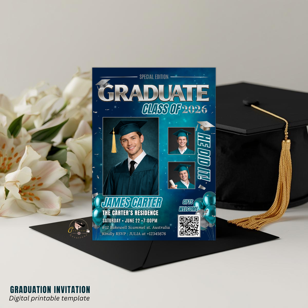 Teal Boy Graduation Invitation, Senior Grad Party with photos invite, Male College High school Graduates Announcement Card Flyer Template