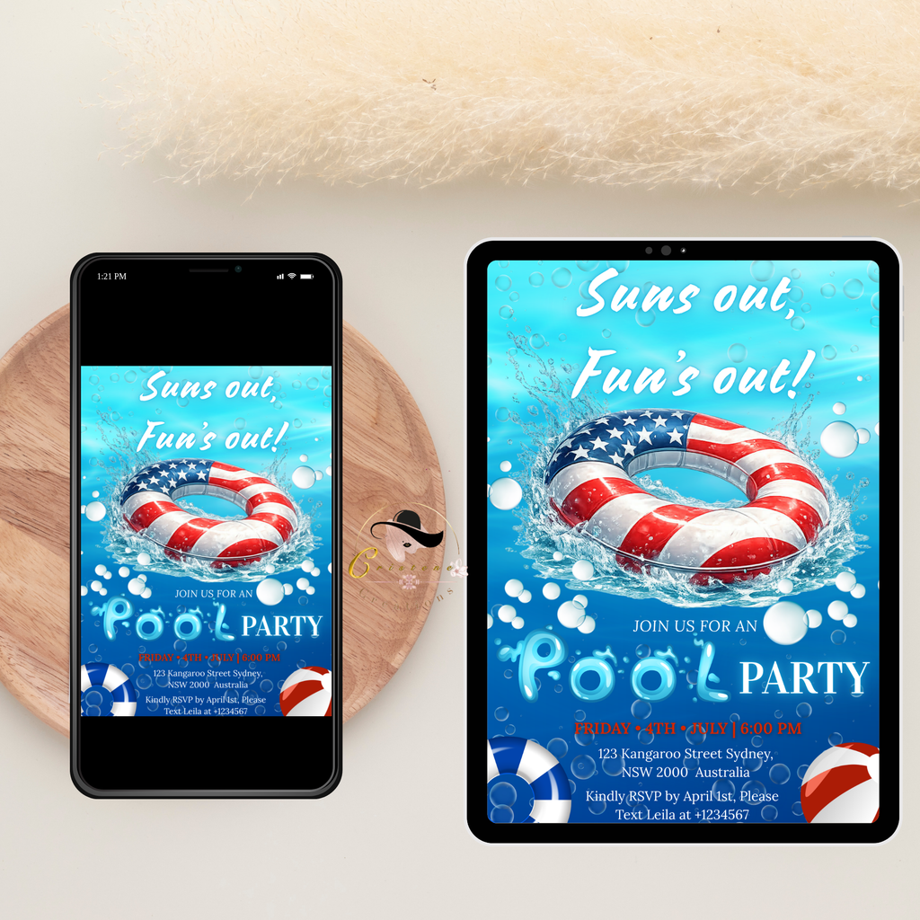 4th of July Pool Party Invitation, Summer BBQ Cookout Invite, USA Independence Day Party, Patriotic Invite, Canva Digital Printable Template