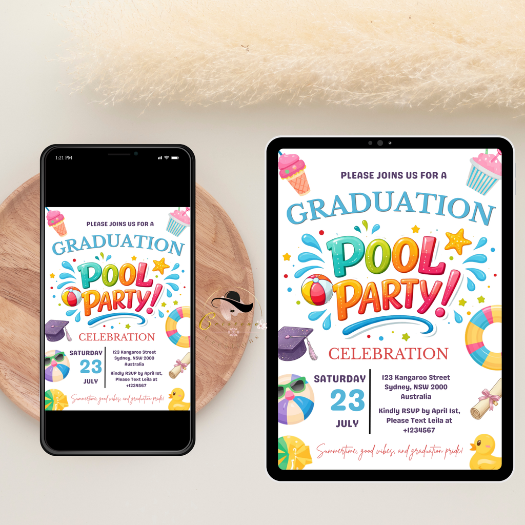 Pool Party Graduation Invitation for Kids, Hello Pool Goodbye School Summer Beach Invite, Boy Girl Printable Digital Canva Template