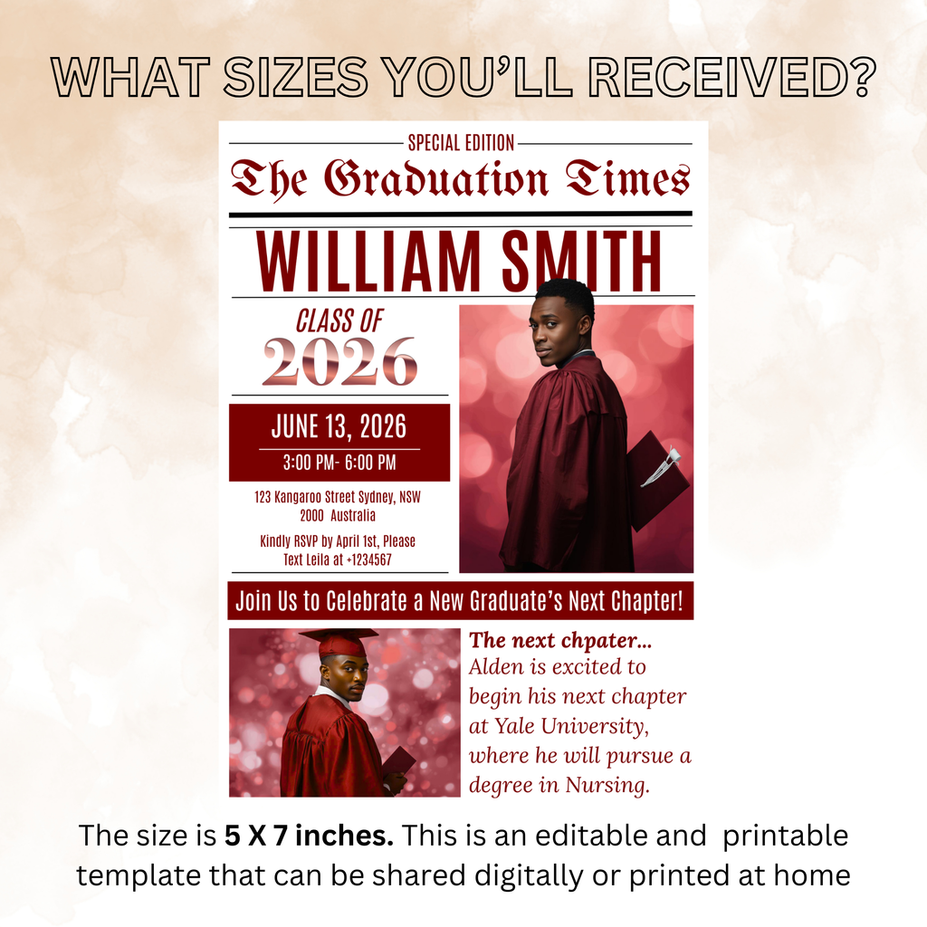 Newspaper Graduation Invitation with Photo, Senior High School Grad Invite for Boy and Girl, Class of 2026, Red Maroon Canva Template