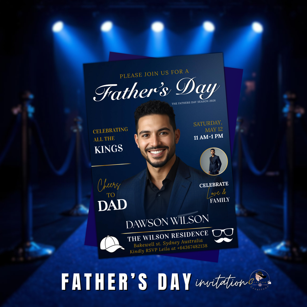 Father’s Day Invitation Magazine Style with Photo, Dad Party Invite, Blue Suit and Tie Brunch or Dinner Invite, Printable Digital Template