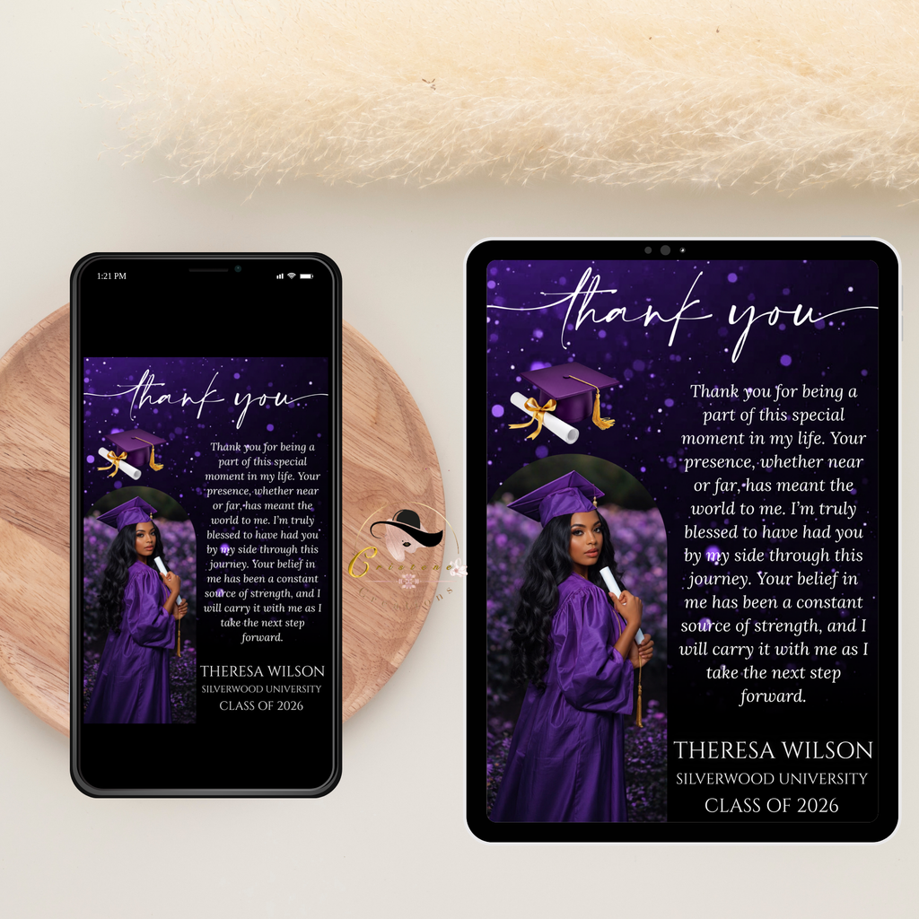Purple Graduation Thank You Card with Photo, Grad Party Thank You Note for Him and Her, Class of 2026 Appreciation Card, Printable Template