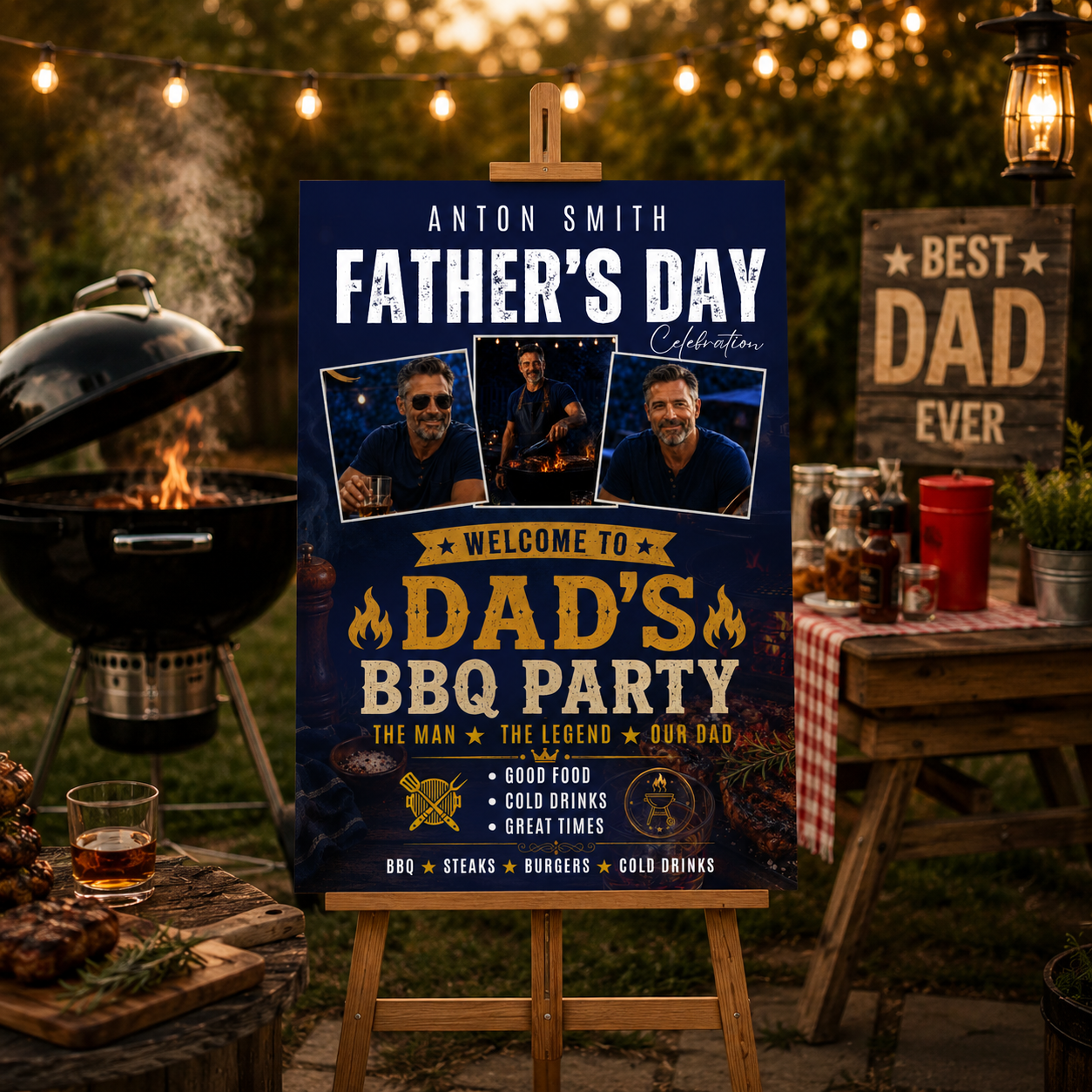 Dad BBQ Party Welcome Sign with Photo, Father’s Day Cookout Poster Sign, Summer Backyard Grill Party Sign, Blue Printable Canva Template