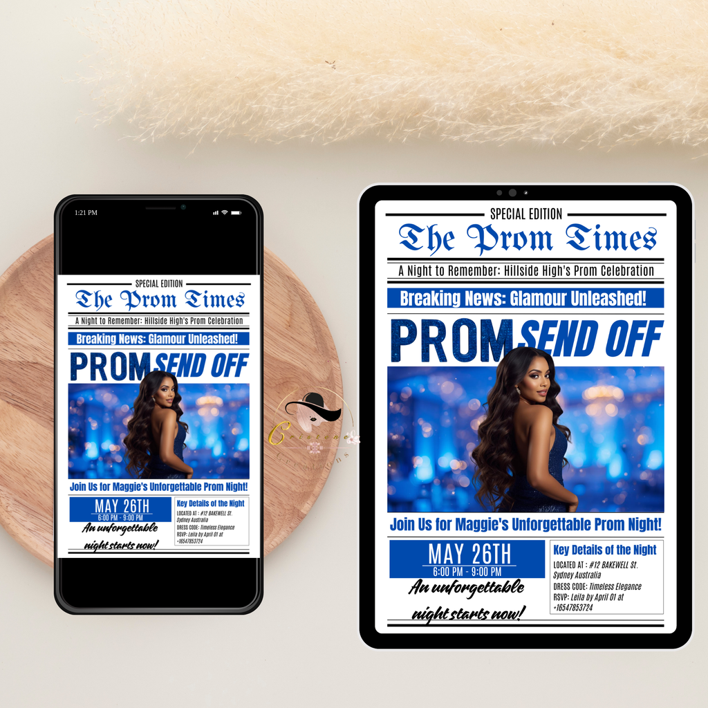Newspaper Prom Send Off Invitation, Prom Queen with photo invite, Teen Boy Prom Night Party Flyer, Blue Prom Card Digital Printable Template
