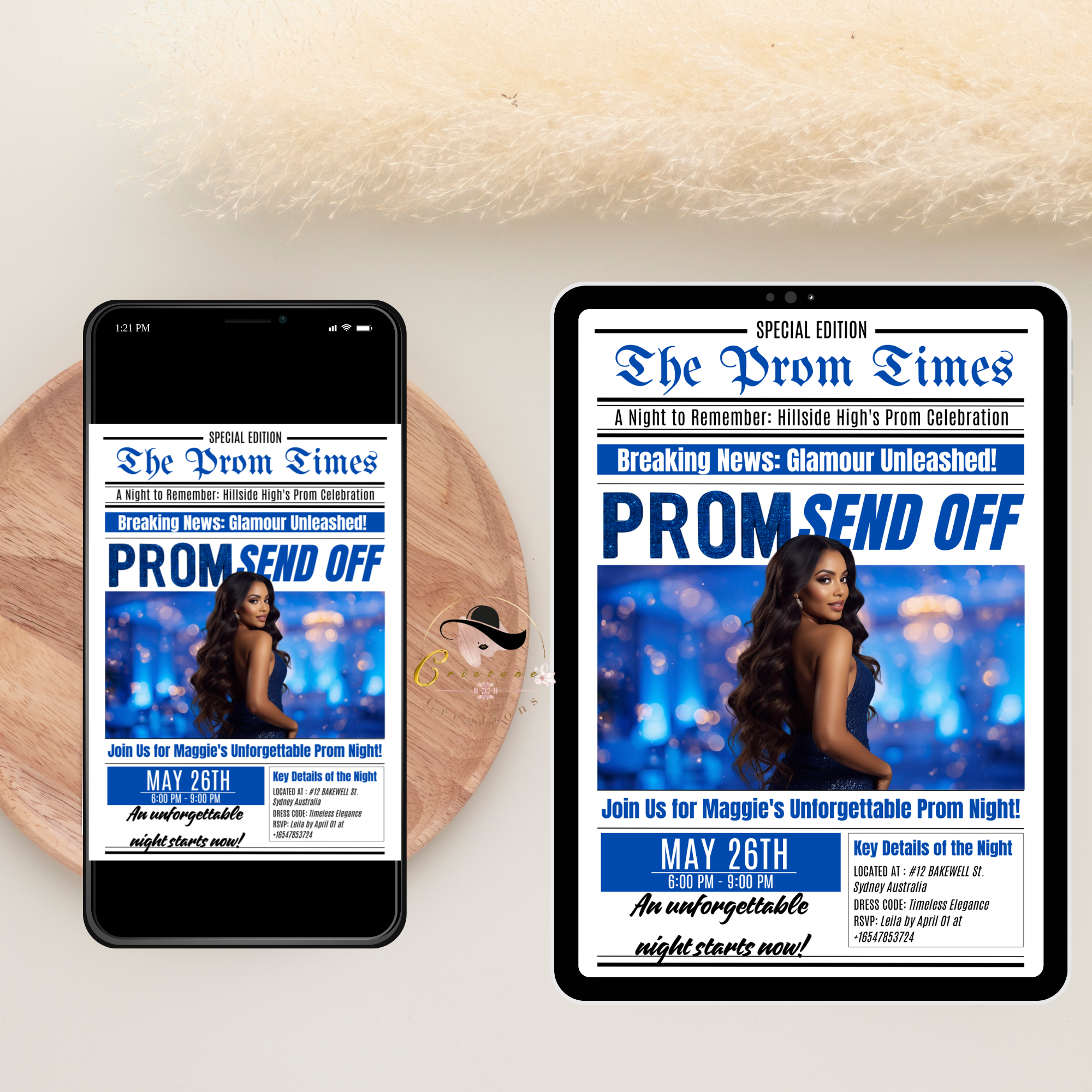 Newspaper Prom Send Off Invitation, Prom Queen with photo invite, Teen Boy Prom Night Party Flyer, Blue Prom Card Digital Printable Template