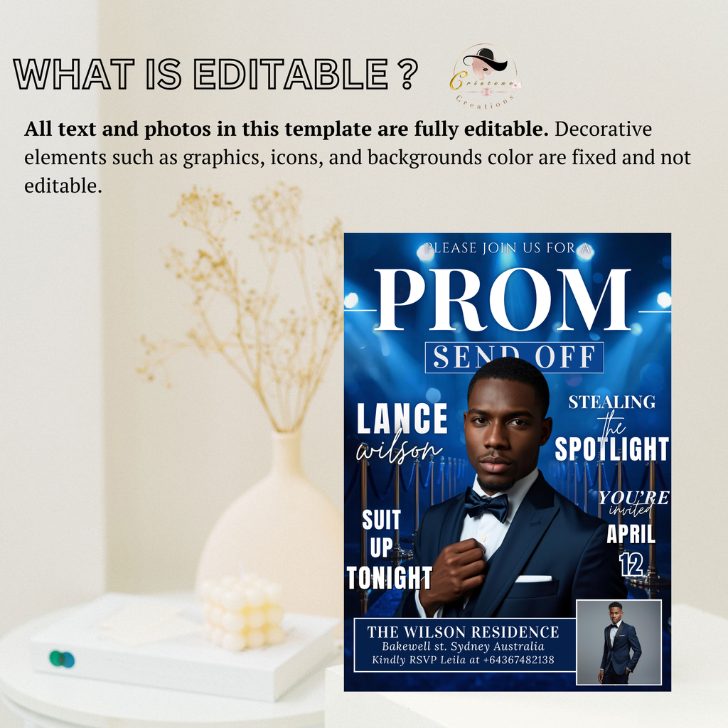 Blue Prom Send Off Invitation, Prom King Party with photo invite, Teen Boy Prom Night Flyer, Magazine Style Digital Printable Template