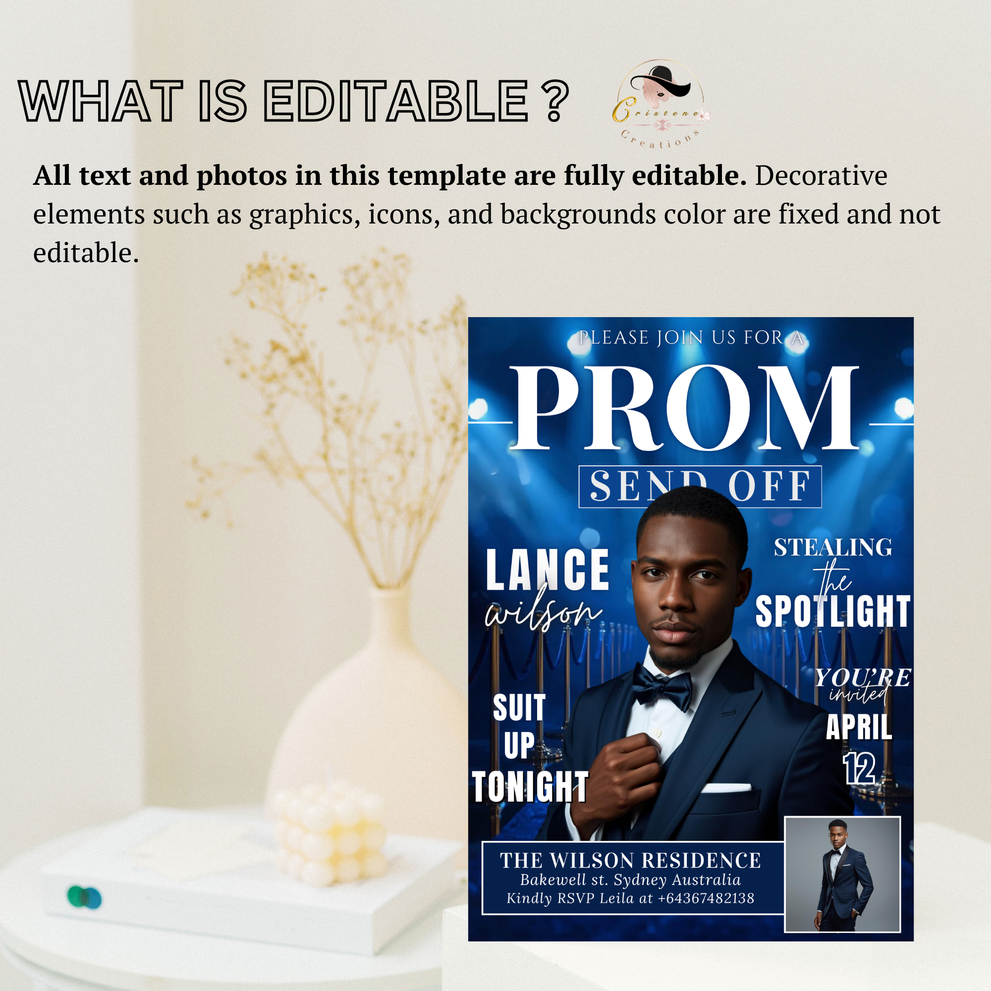 Blue Prom Send Off Invitation, Prom King Party with photo invite, Teen Boy Prom Night Flyer, Magazine Style Digital Printable Template