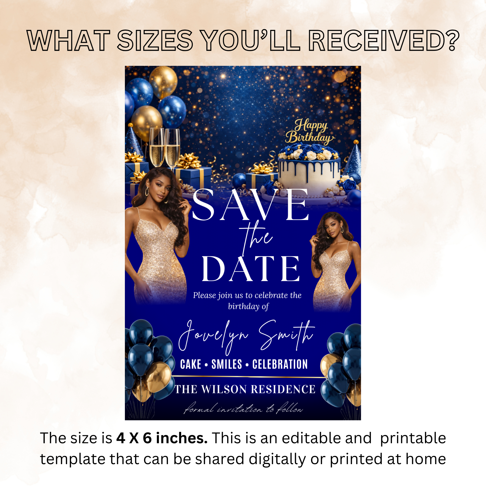 Save the Date Birthday Invitation, Blue Gold Save Date Party with photo Invite, Elegant Dinner Event Card, Printable Digital Template