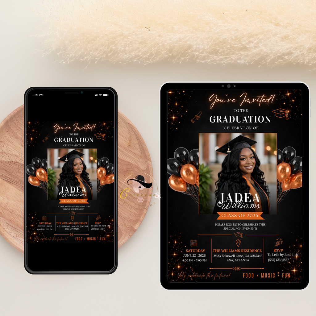 Graduation Party Invitation with Photo, Class of 2026 Grad Announcement Invite for Boys and Girls, Orange Editable Canva Printable Template
