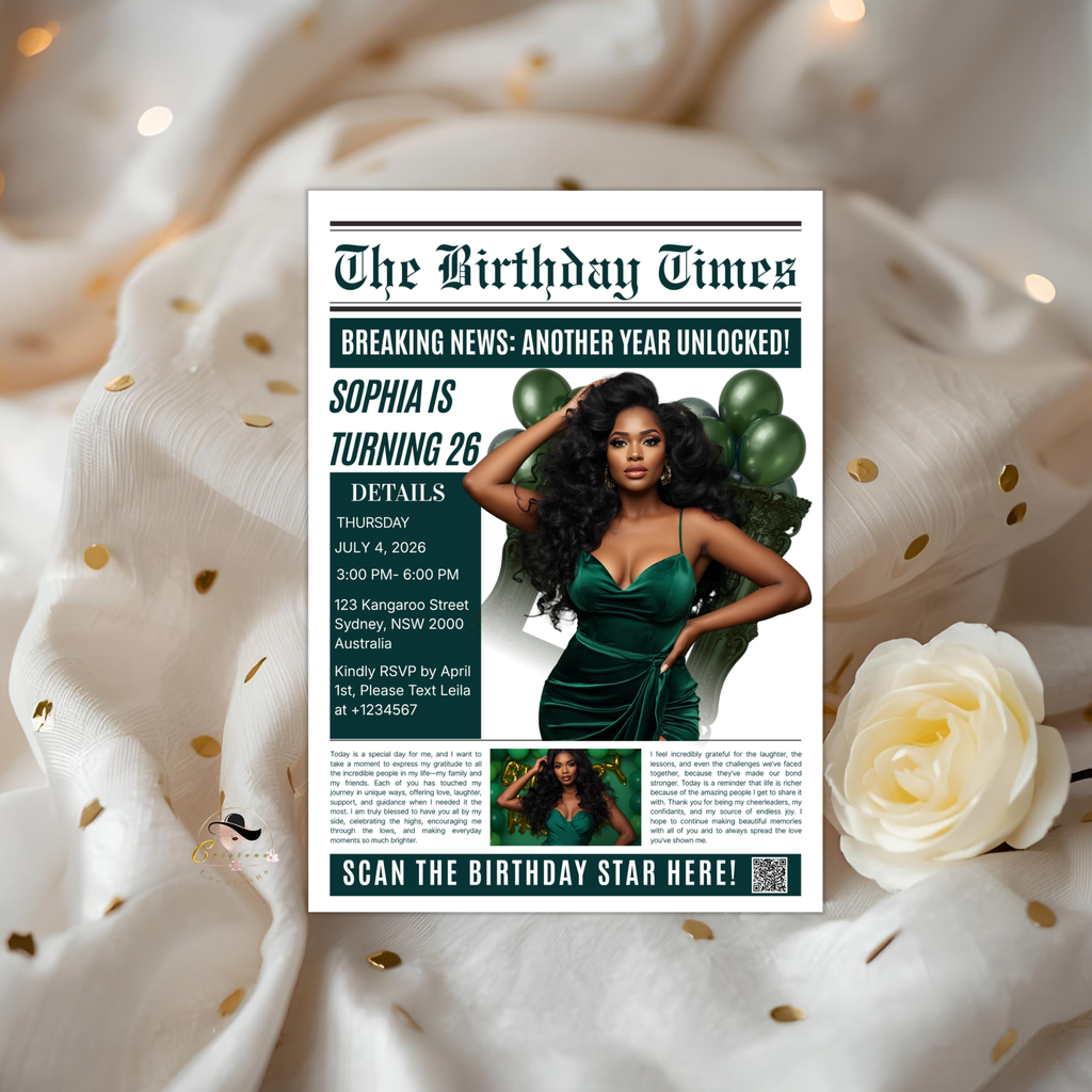 Green Newspaper Birthday Party Invitation with Photo, Woman Dinner & Brunch Invite, Retirement Invite, Editable Printable Digital Template