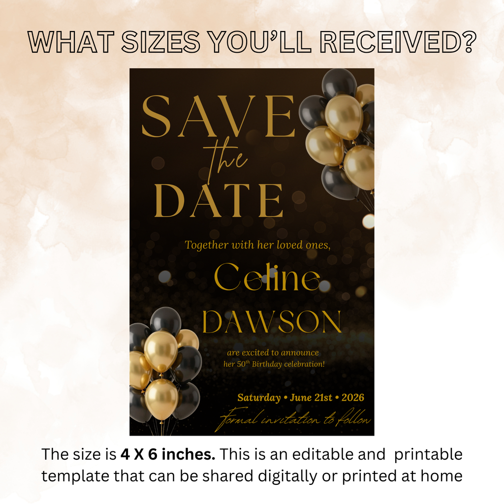 Black Gold Save the Date Invitation, Birthday Party Save Date invite, Retirement Event Card, Elegant Printable Canva Digital Template