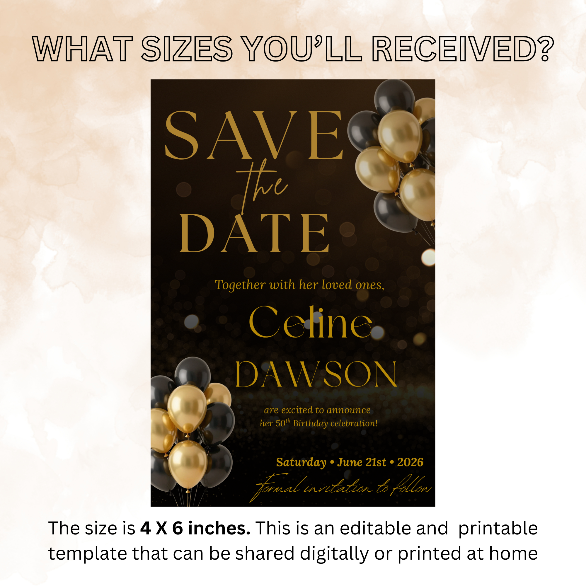 Black Gold Save the Date Invitation, Birthday Party Save Date invite, Retirement Event Card, Elegant Printable Canva Digital Template