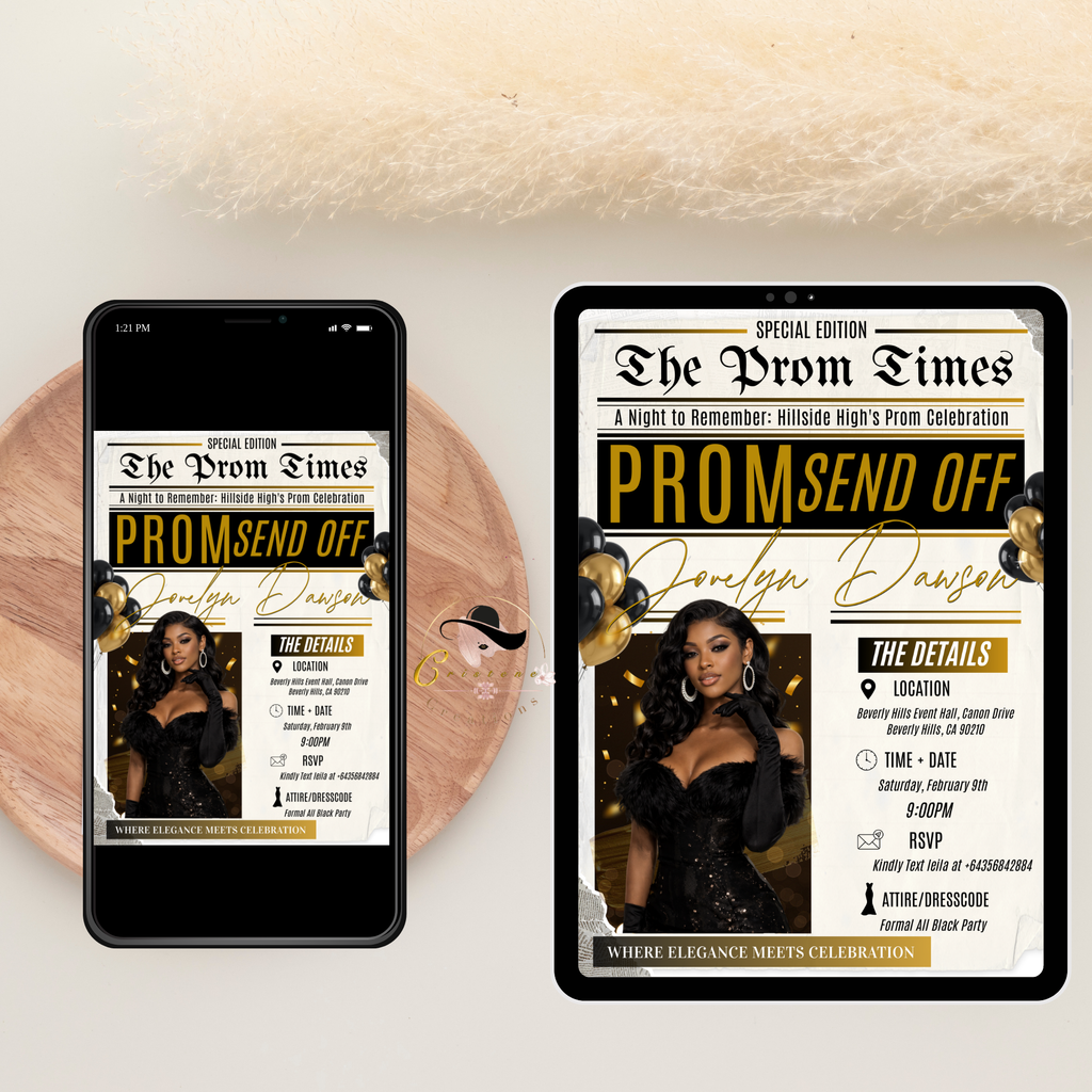 Newspaper Prom Send Off Party Invitation, Black Gold Prom Queen with photo invite, Girls Prom Night Flyer Card, Digital Printable Template