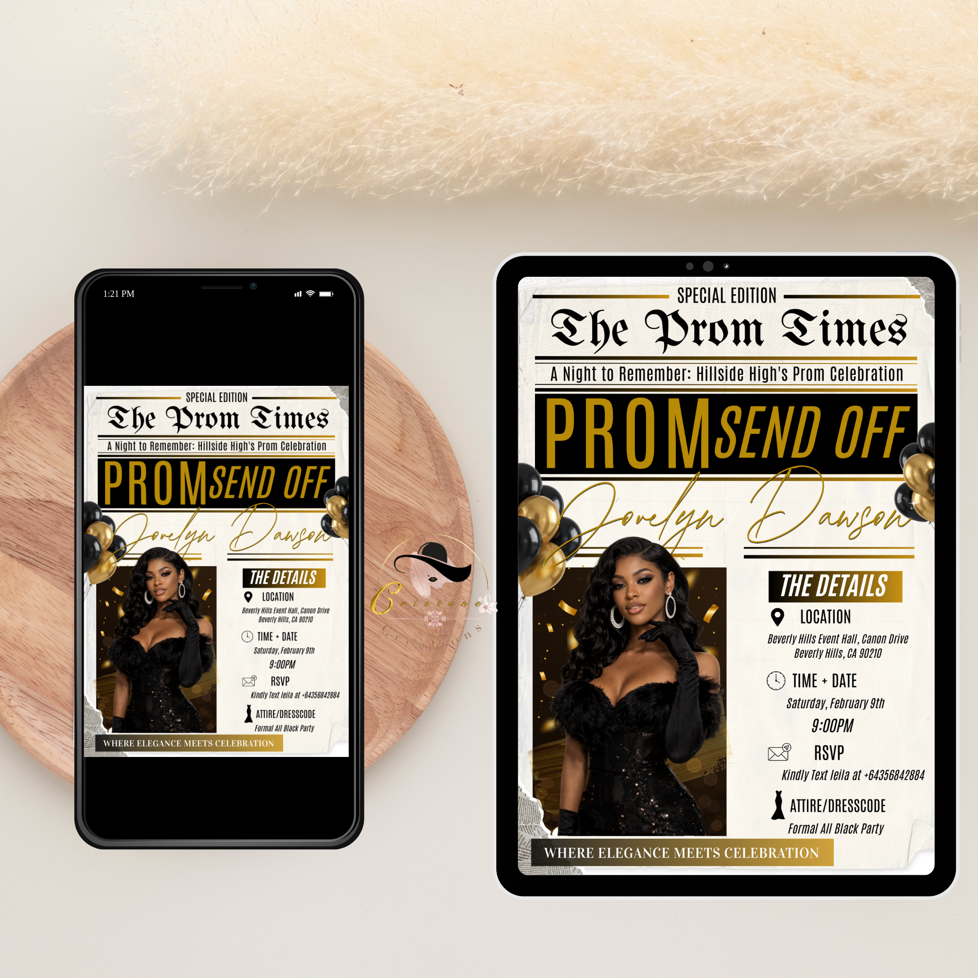 Newspaper Prom Send Off Party Invitation, Black Gold Prom Queen with photo invite, Girls Prom Night Flyer Card, Digital Printable Template