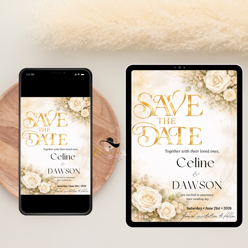 Floral Wedding Save the Date Invitation, White Gold Save Date Party Invite, Elegant Wedding Announcement, Printable Canva Template