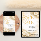 Floral Wedding Save the Date Invitation, White Gold Save Date Party Invite, Elegant Wedding Announcement, Printable Canva Template