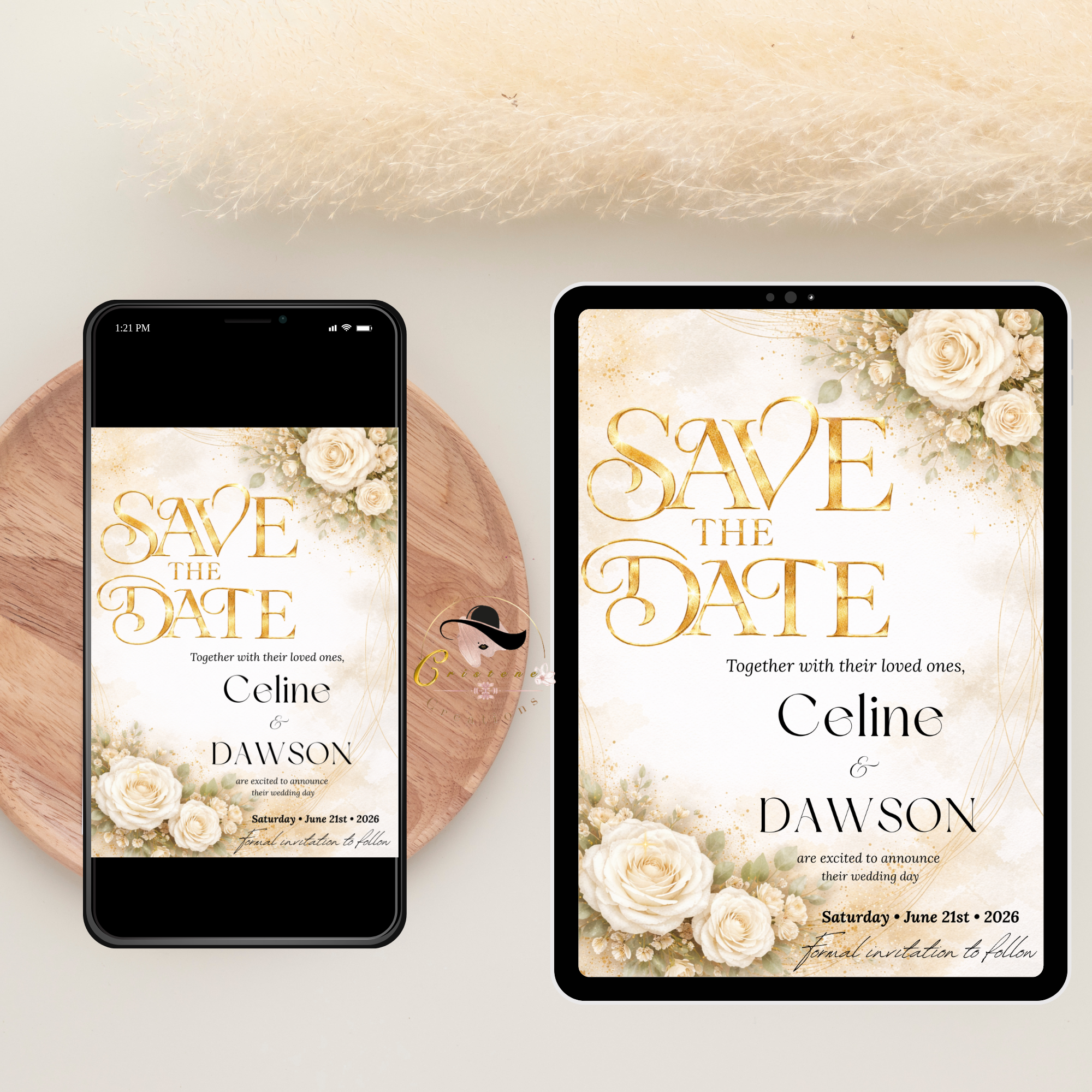 Floral Wedding Save the Date Invitation, White Gold Save Date Party Invite, Elegant Wedding Announcement, Printable Canva Template