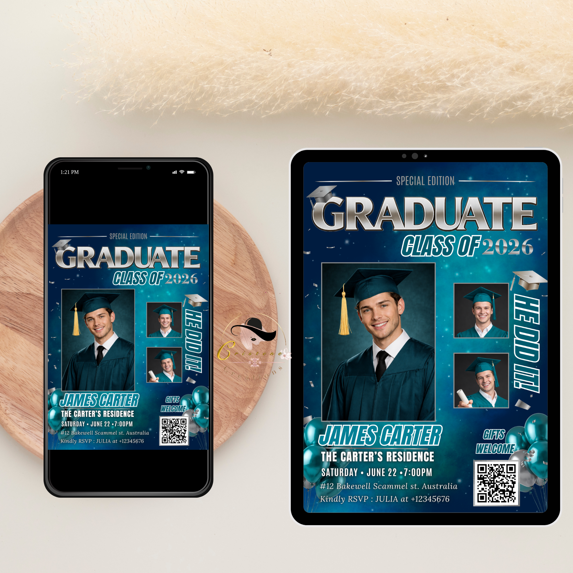 Teal Boy Graduation Invitation, Senior Grad Party with photos invite, Male College High school Graduates Announcement Card Flyer Template