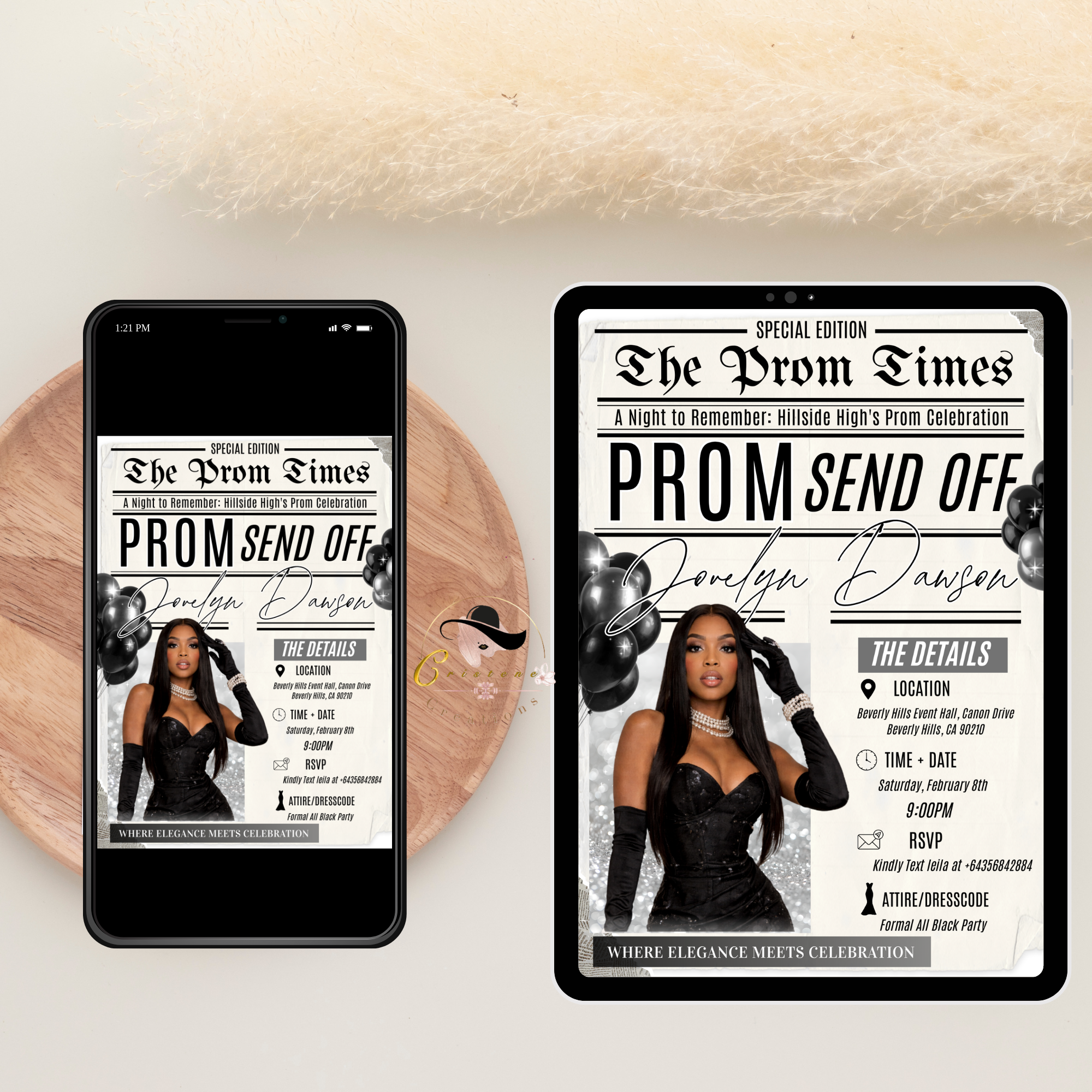 Newspaper Prom Send Off Party Invitation, Black Silver Prom Queen with photo invite, Girl Prom Night Flyer Card, Digital Printable Template