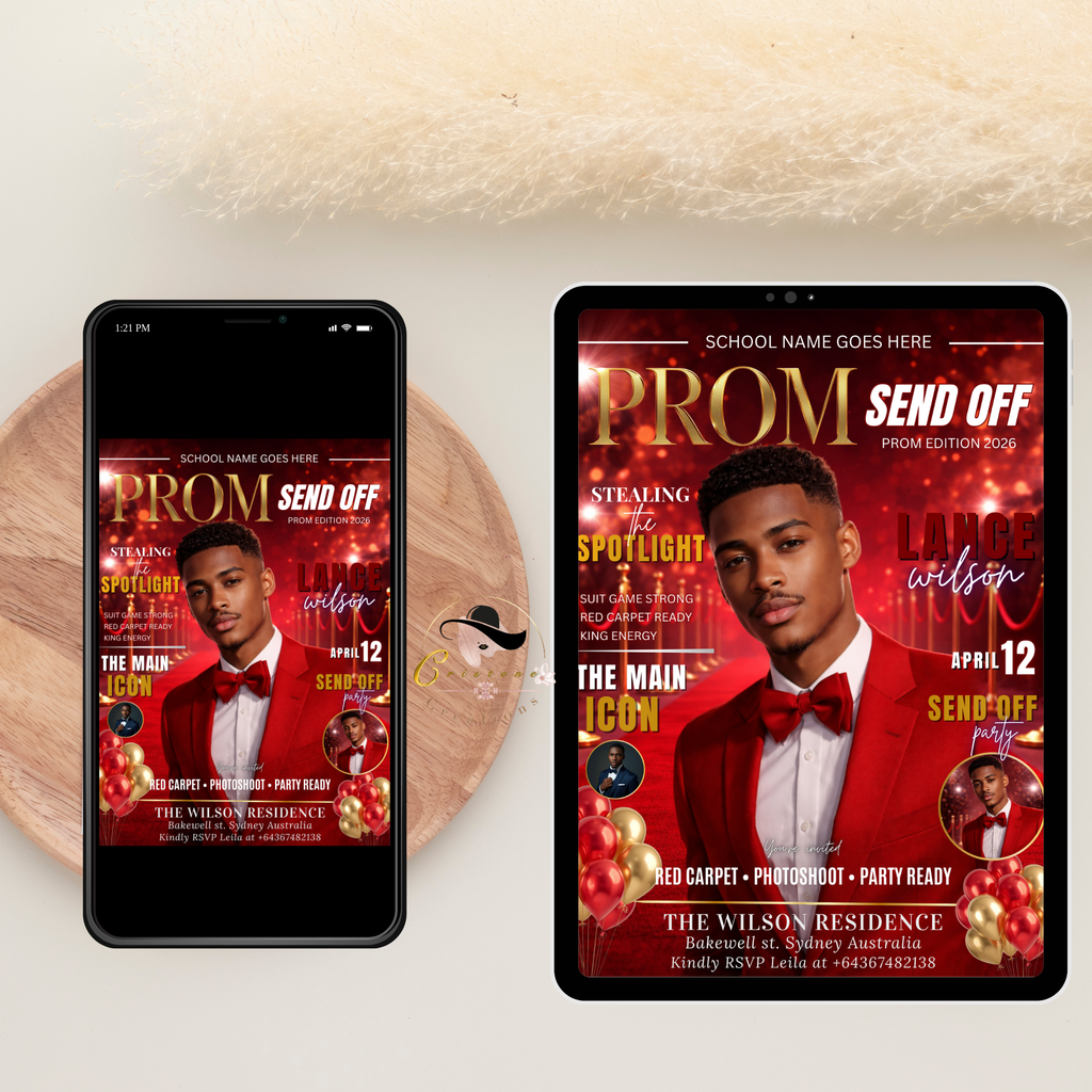 Red Gold Prom Send Off Party Invitation, Prom King with photo invite, Boys Prom Night Flyer Card High School Prom Digital Printable Template
