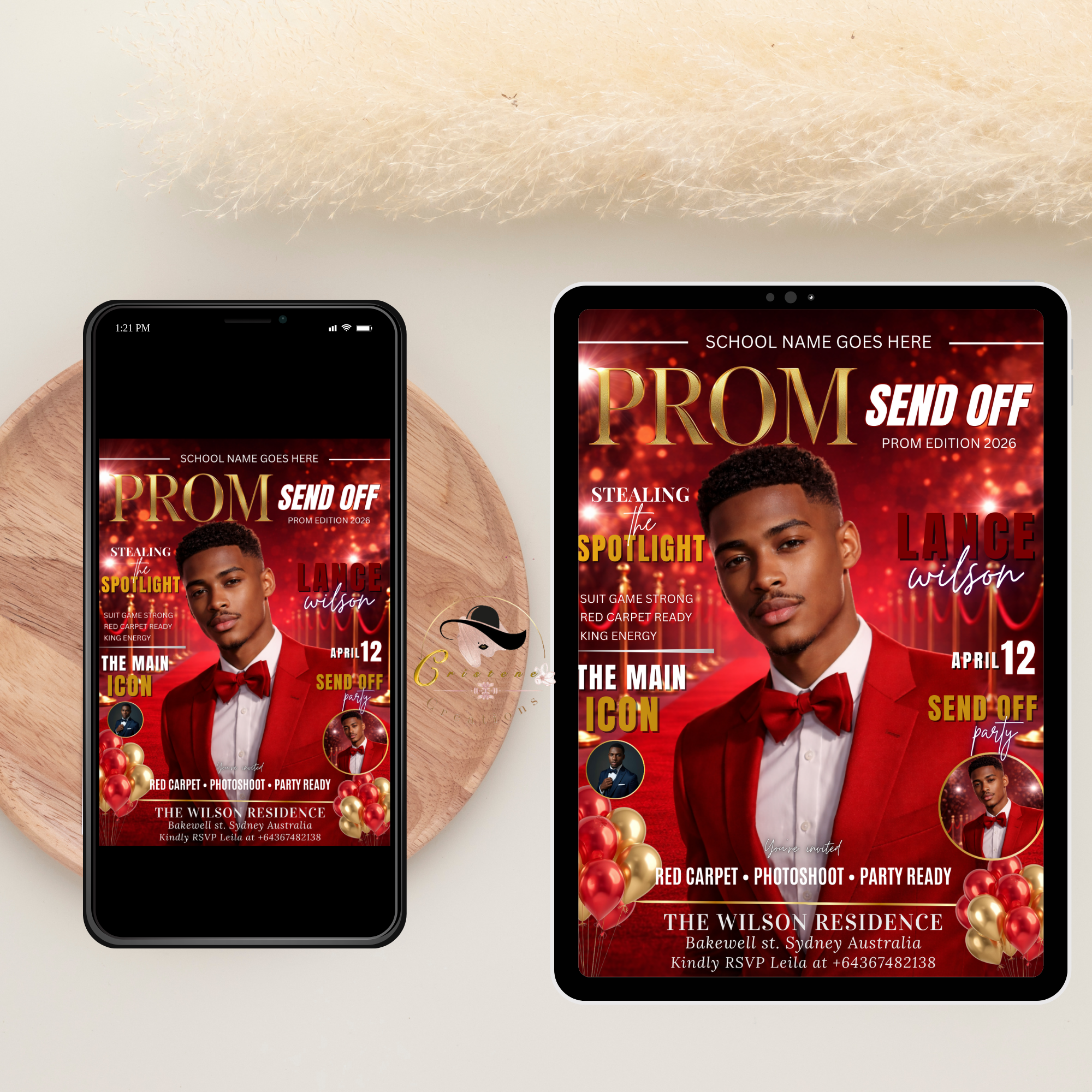 Red Gold Prom Send Off Party Invitation, Prom King with photo invite, Boys Prom Night Flyer Card High School Prom Digital Printable Template