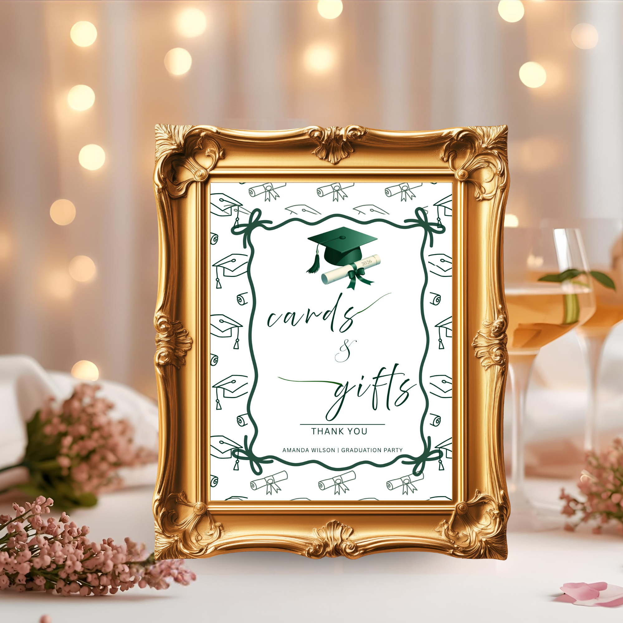 Green Coquette Graduation Table Signs Bundle, Senior Grad Favor sign, College Fund Sign, Food Sign, Graduates Party Decor Printable Template