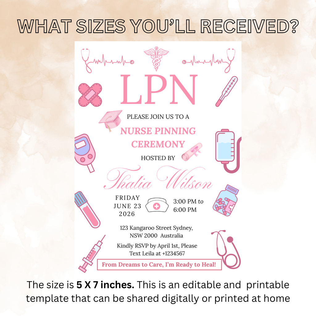 LPN Nurse Graduation Invitation, Pink Pinning Ceremony Party Invite, Nursing Flyer Invite, Editable Canva Printable Template