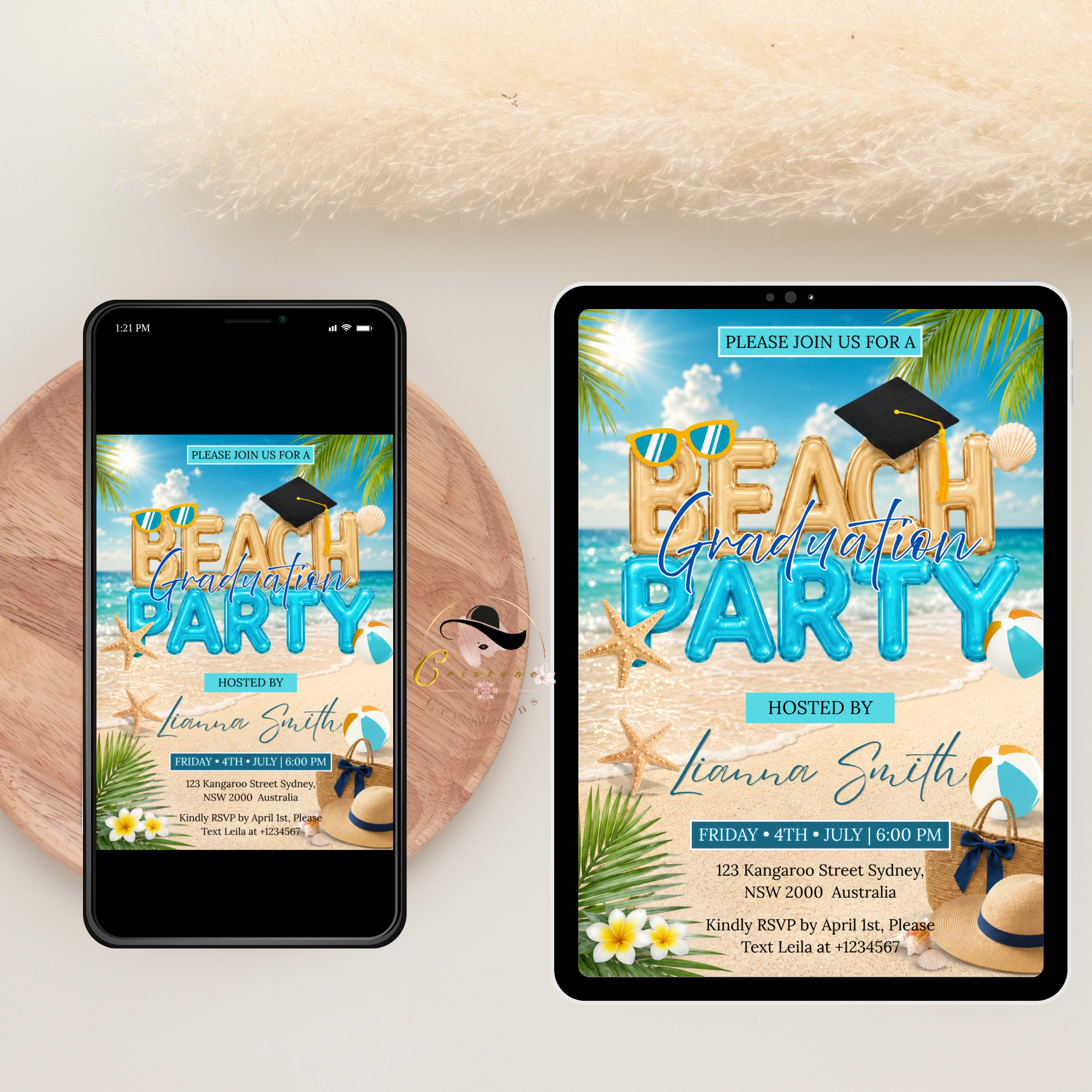 Graduation Beach Party Invitation, High School College Summer Tropical Grad Invite for Him and Her, Printable Editable Canva Template